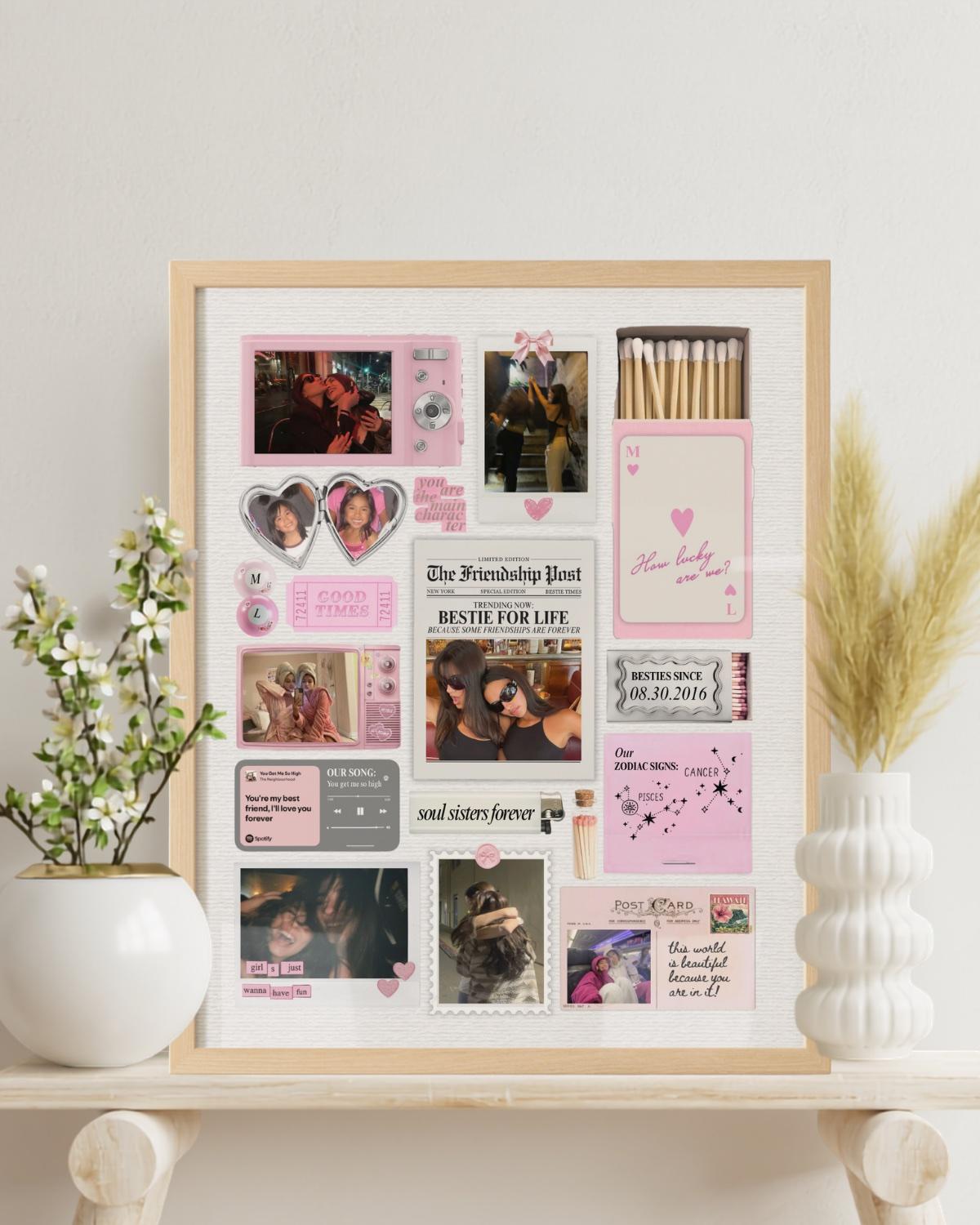 Pink personalized best-friend artwork in a wood frame
