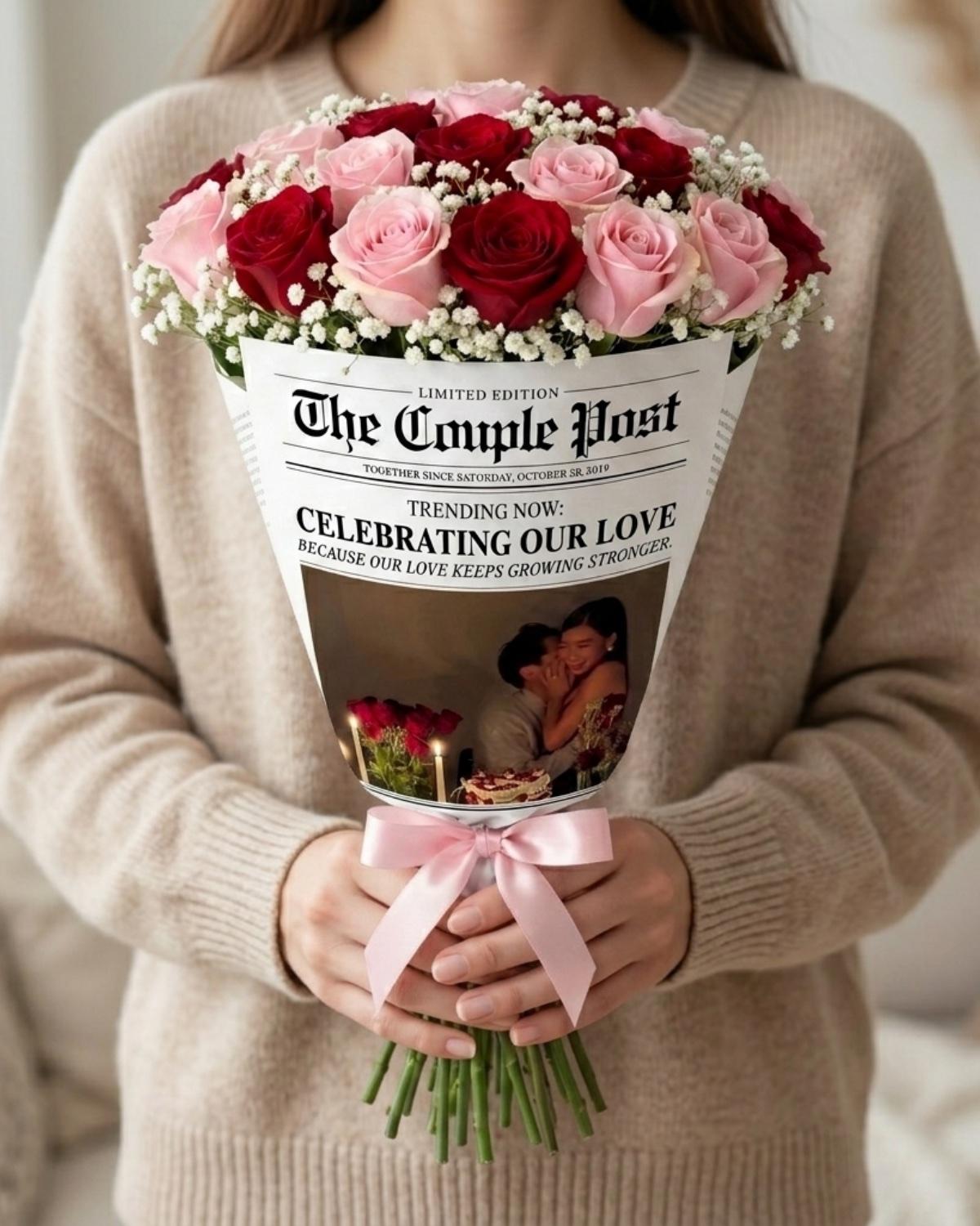 Personalized couple newspaper wrapped around a rose bouquet