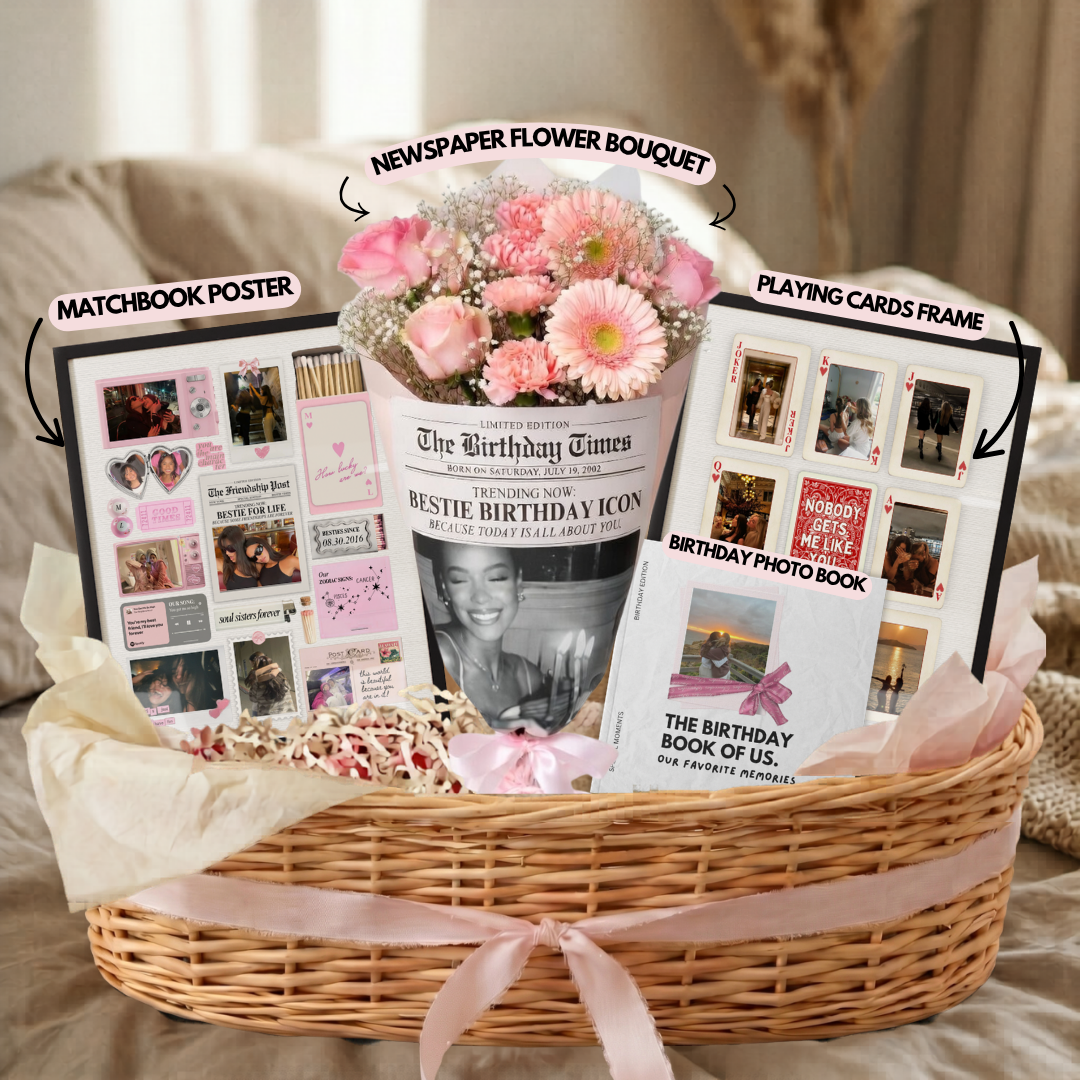 Best-friend birthday gift basket with four personalized gifts