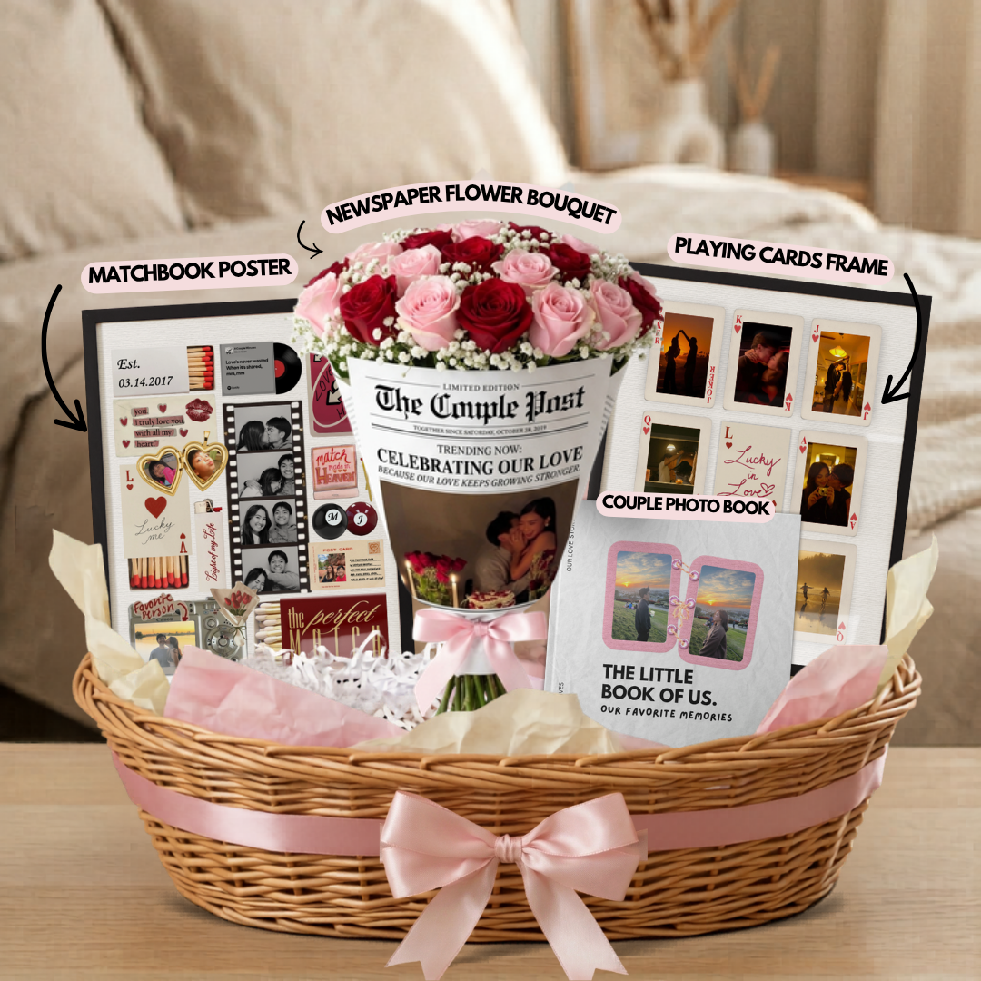 Couple gift basket with four personalized gifts