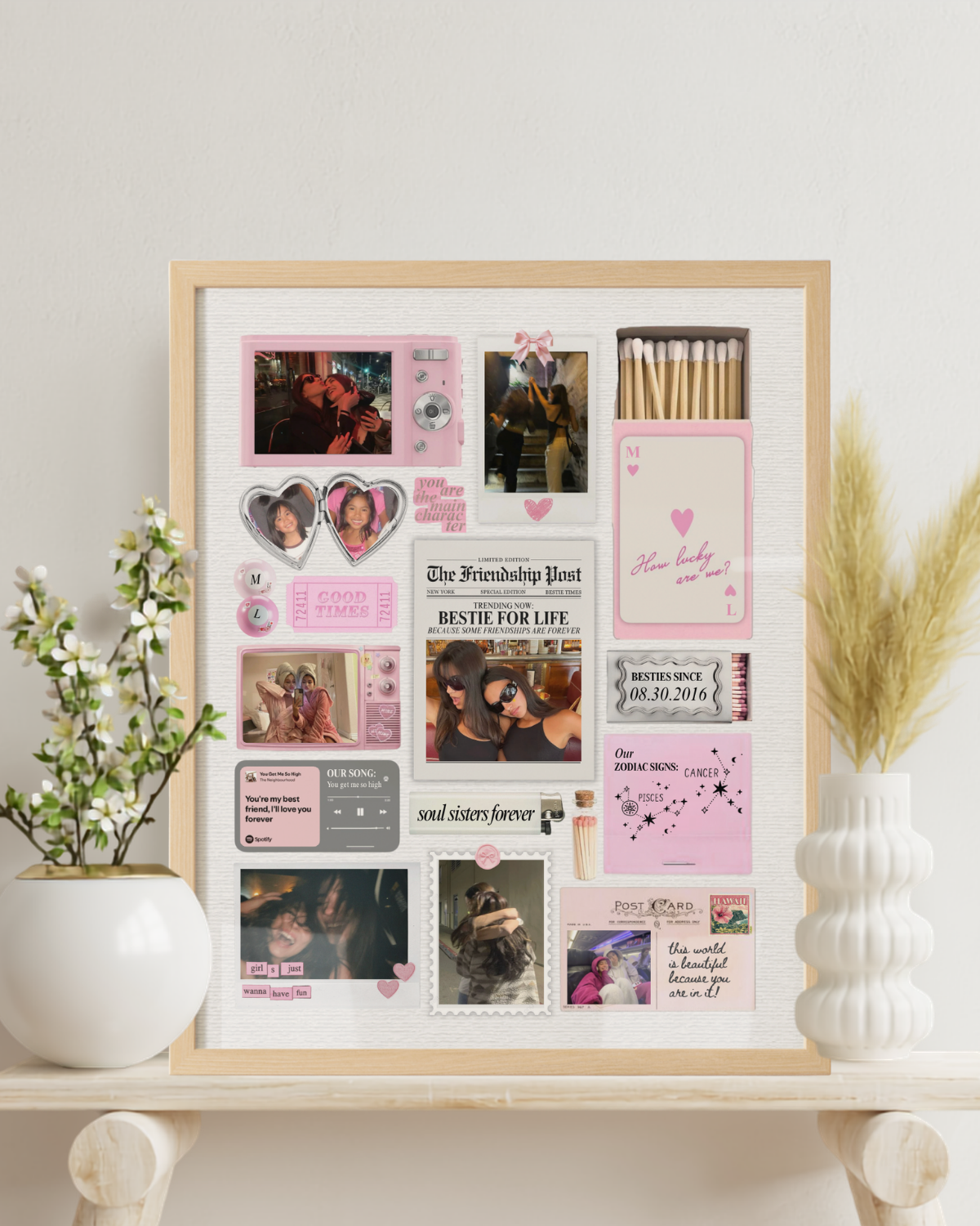 Pink personalized best-friend artwork in a wood frame