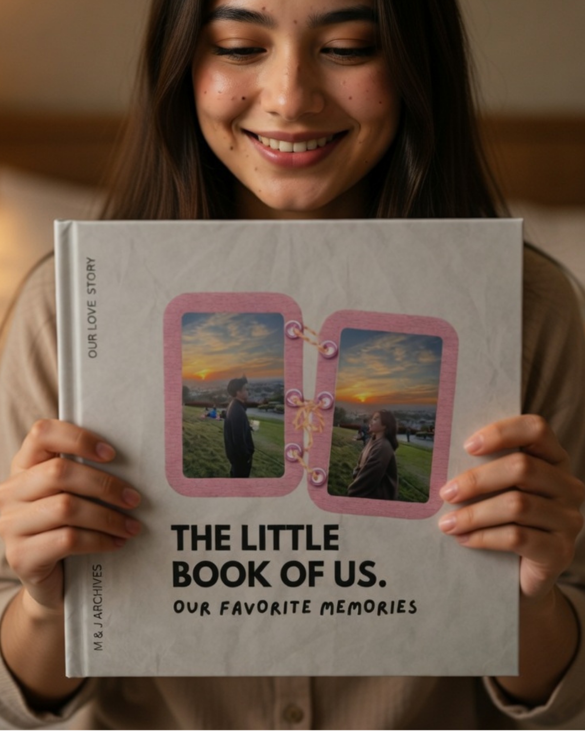 Smiling woman holding a personalized love-story book