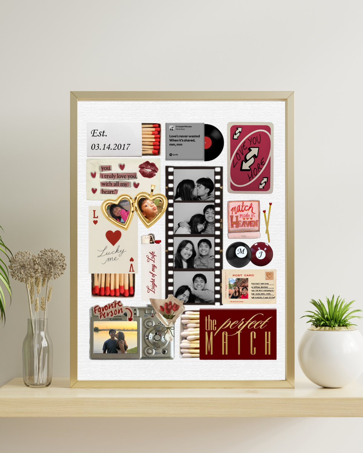 Personalized couple matchbook artwork in a gold frame